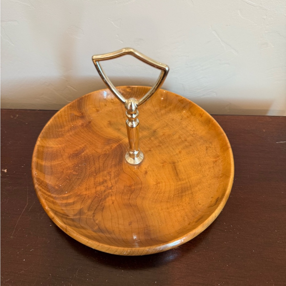 Mid Century Style Oregon Myrtlewood Gold Handled‎ Table Chalet/Nut Tray